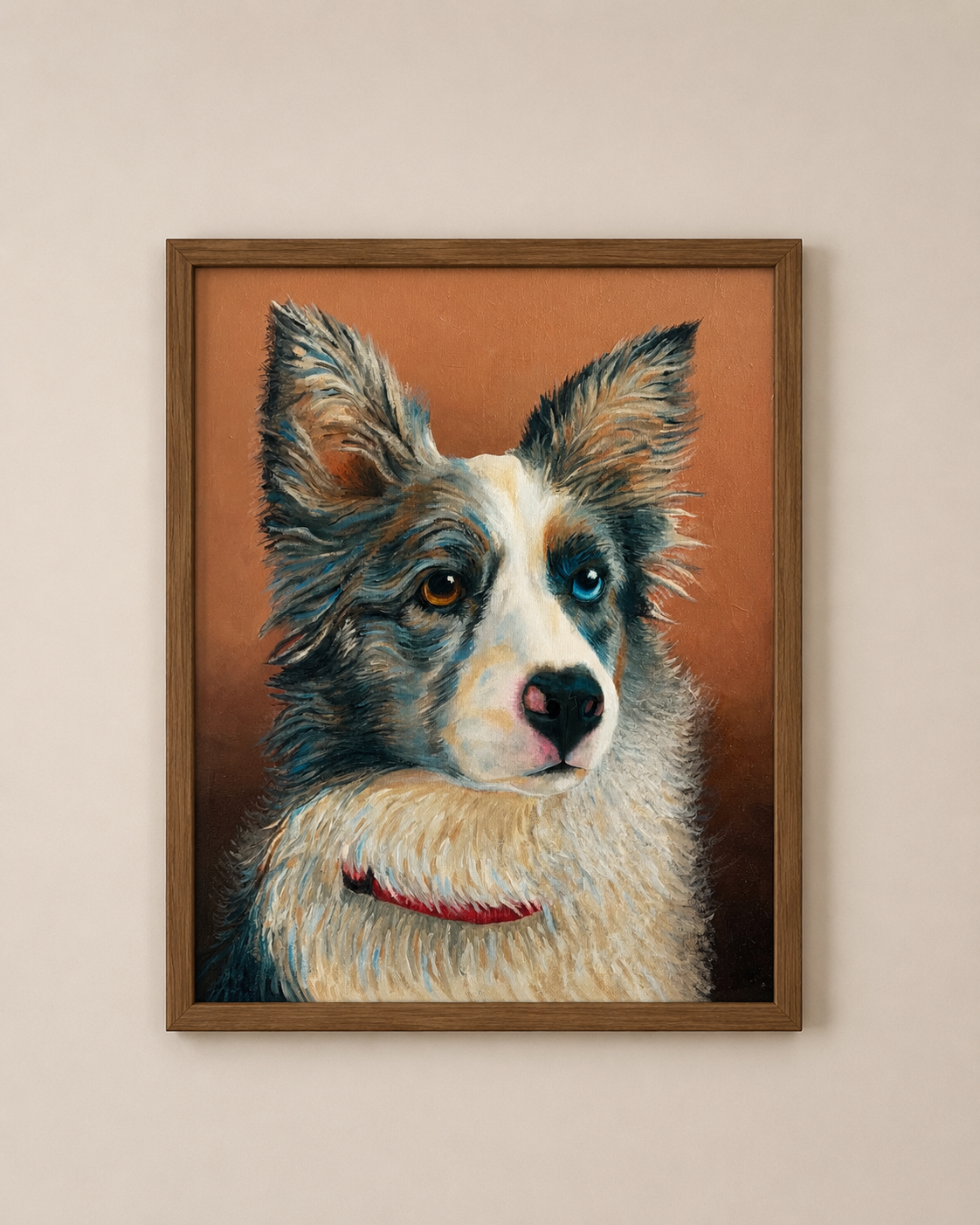Retrato al óleo de Bruno, un border collie merle, sobre fondo terracota