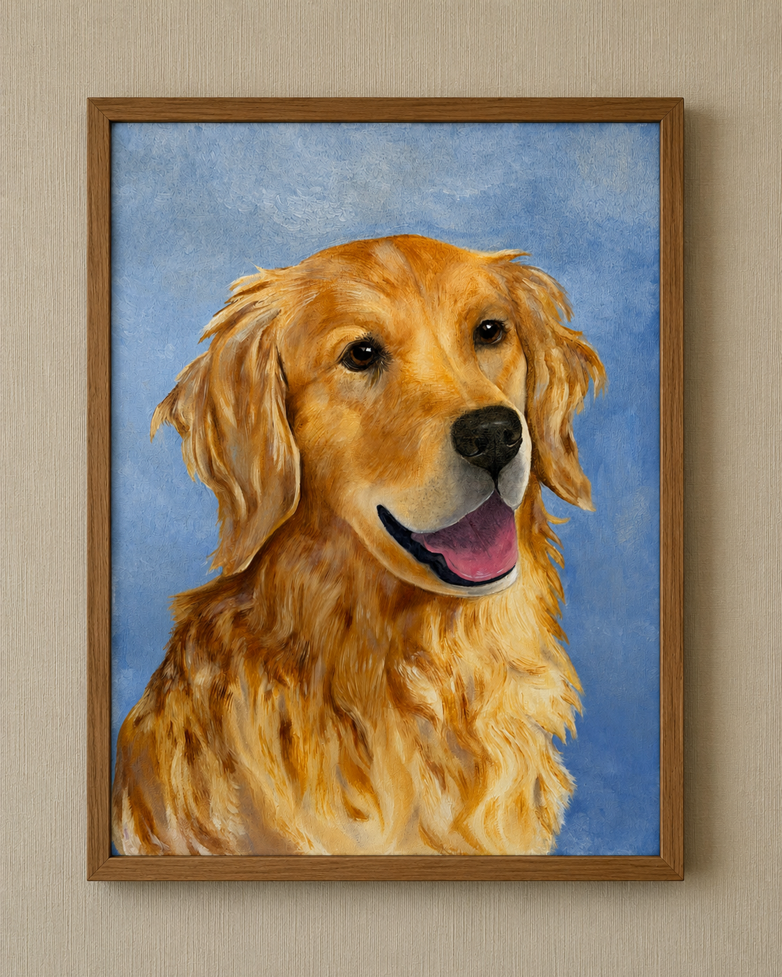 Retrato al óleo de Daisy, un golden retriever, sobre fondo azul